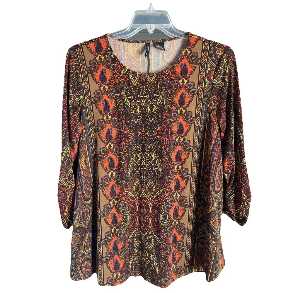 New Directions Women’s Large Brown Paisley Tunic Stretch 3/4 Sleeves Excellent